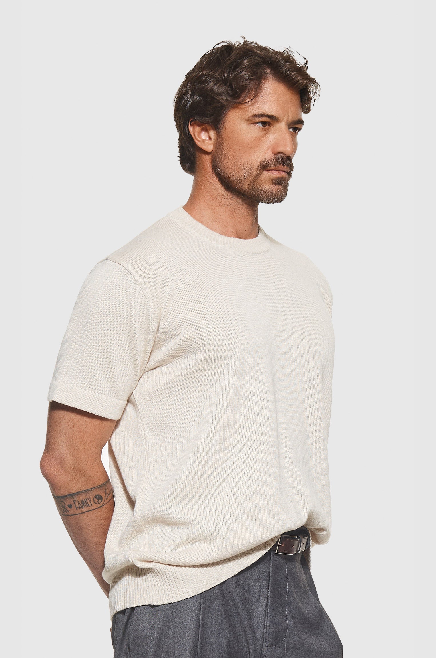 Camiseta Tricô Barra Canelada Bege