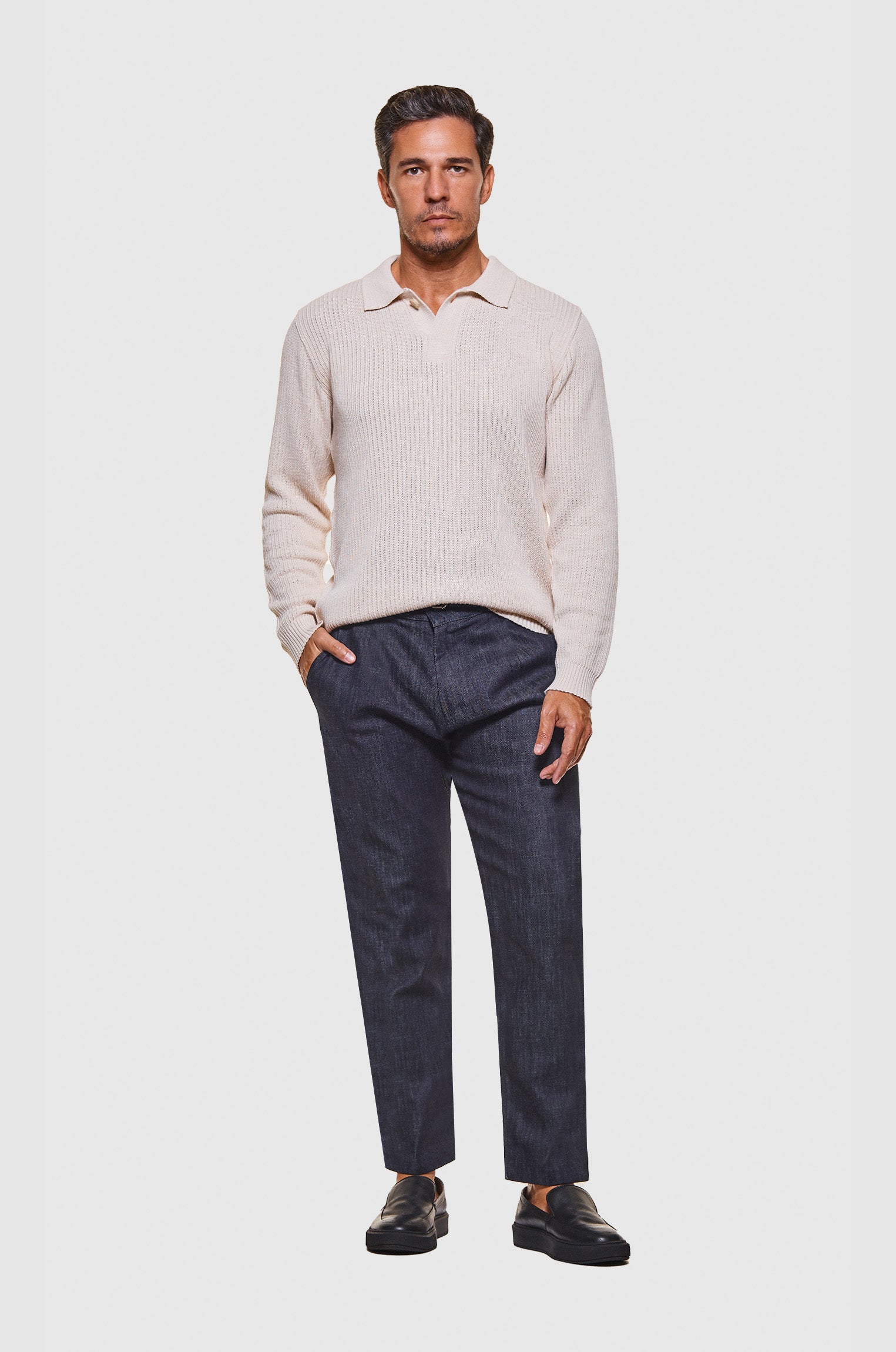 Manga Longa Polo Tricô Desagulhado Fresh Bege