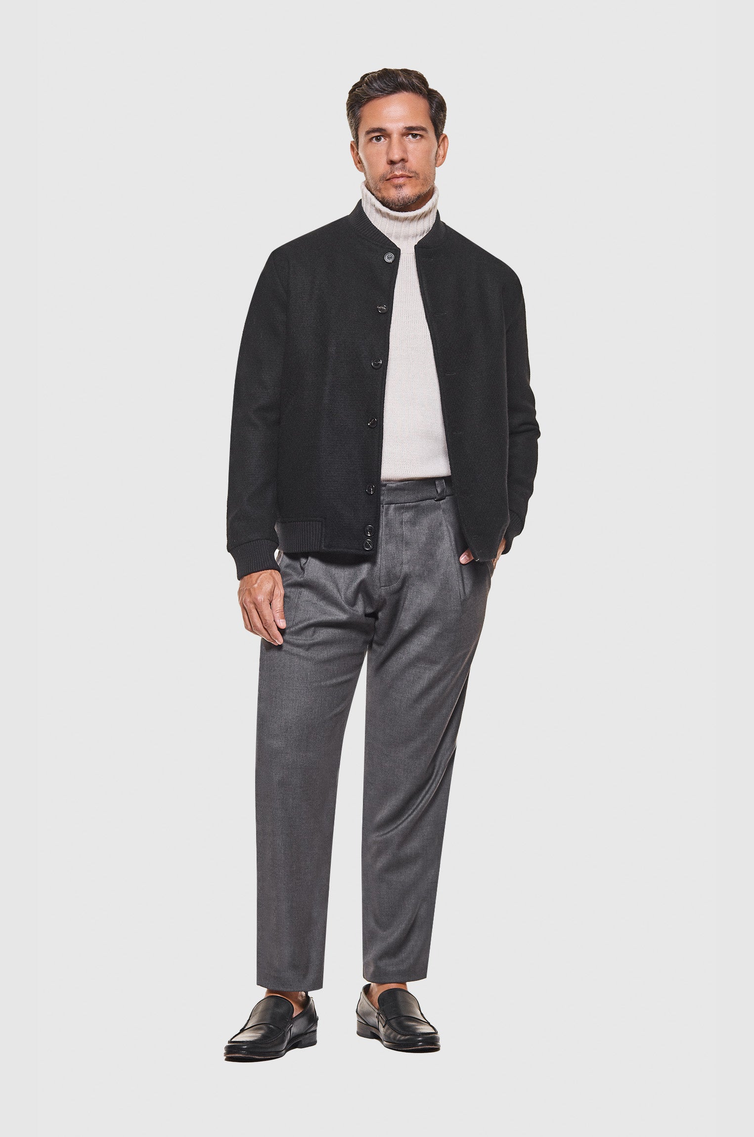 Jaqueta Bomber Lã Trama Preta