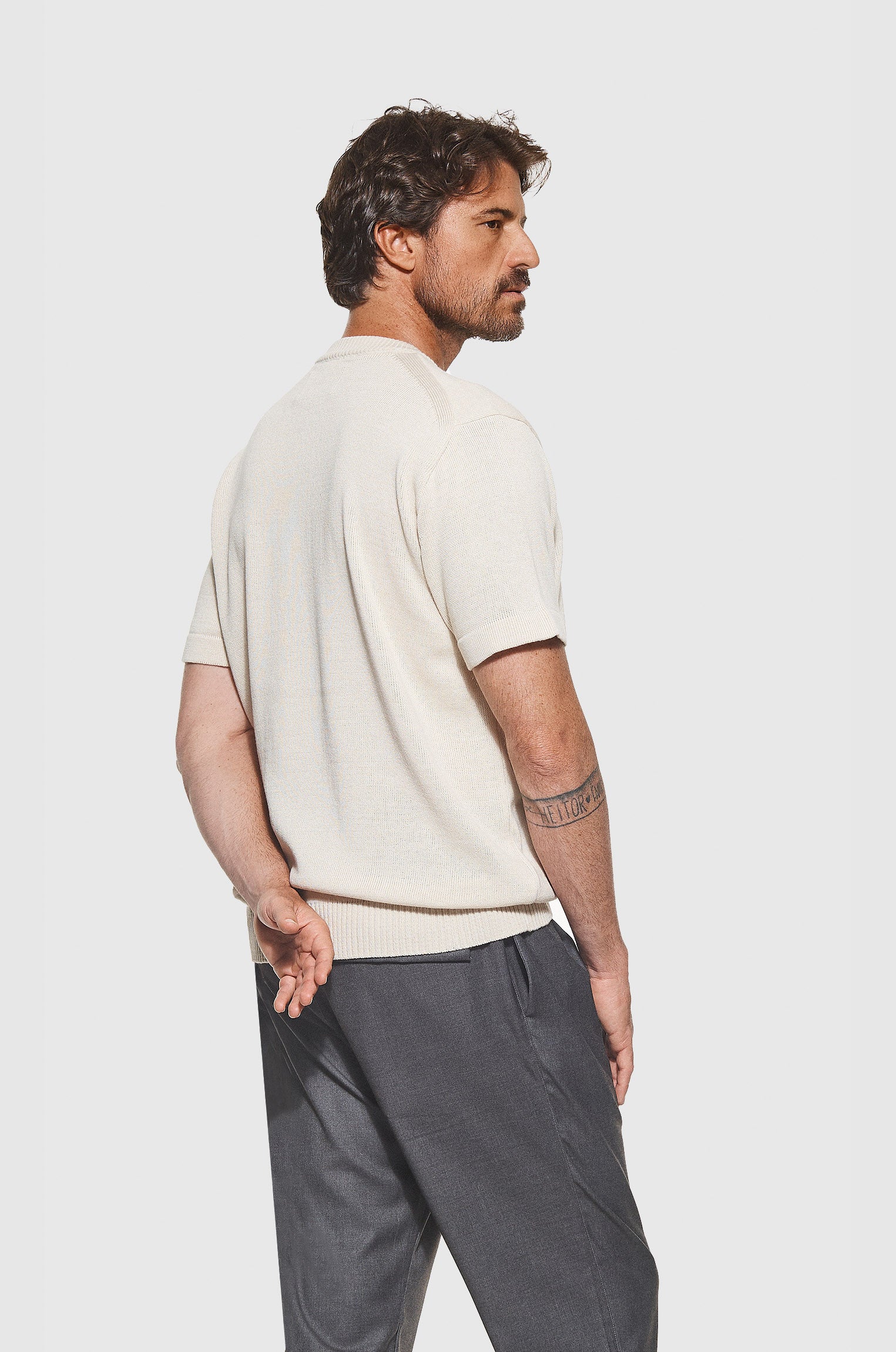 Camiseta Tricô Barra Canelada Bege