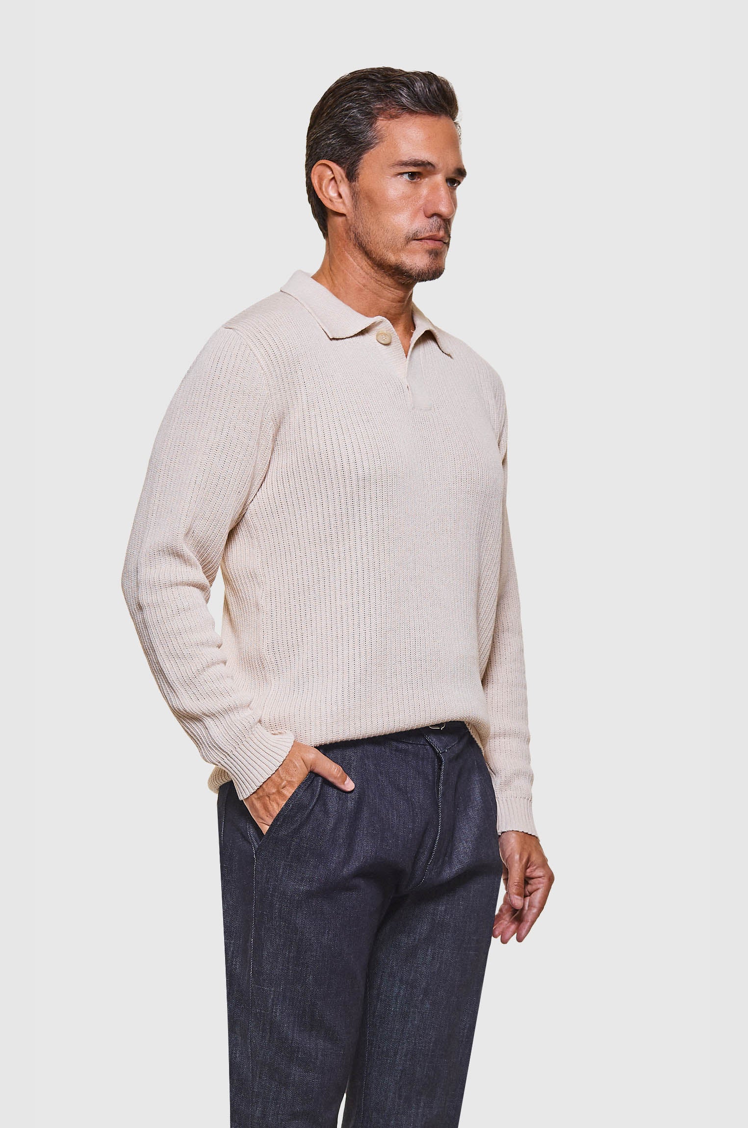 Manga Longa Polo Tricô Desagulhado Fresh Bege