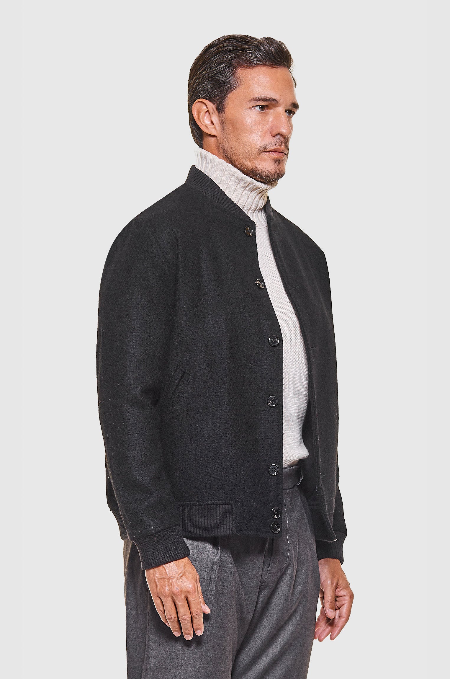 Jaqueta Bomber Lã Trama Preta