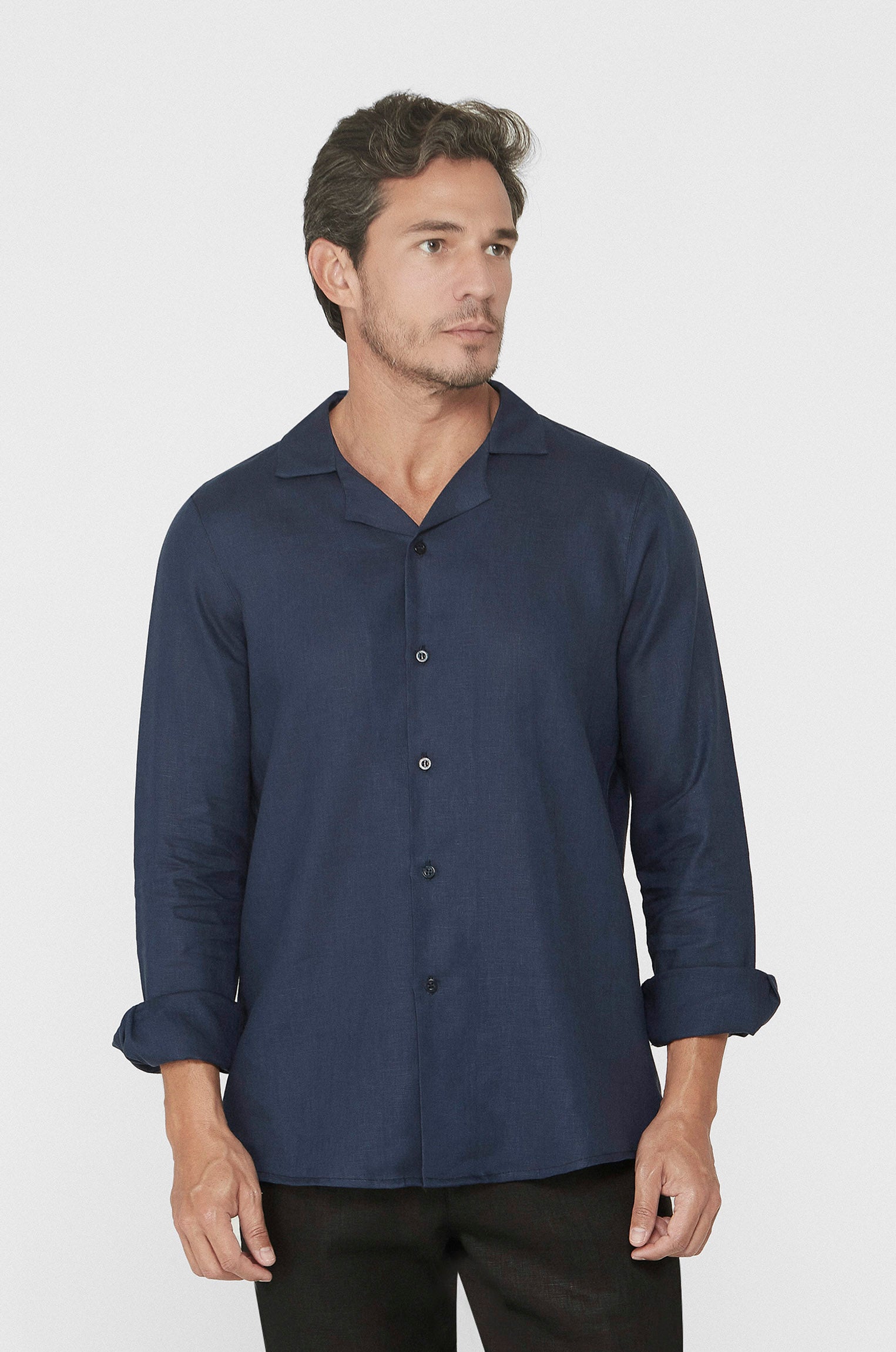 Camisa Gola Cubana Puro Linho Marinho